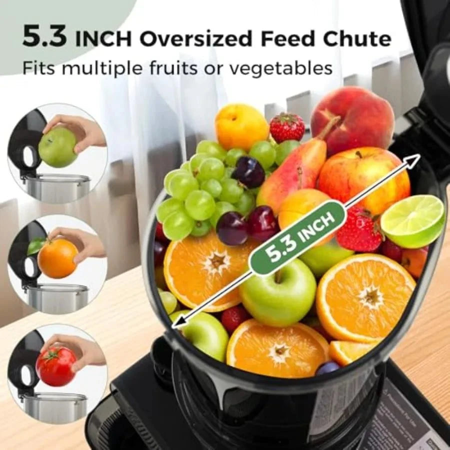 Cold Press Juicer with 5.3 Inch Large Feed Chute for Whole Vegetables and Fruits Slow Masticating Juicer Machine Featuring Reve