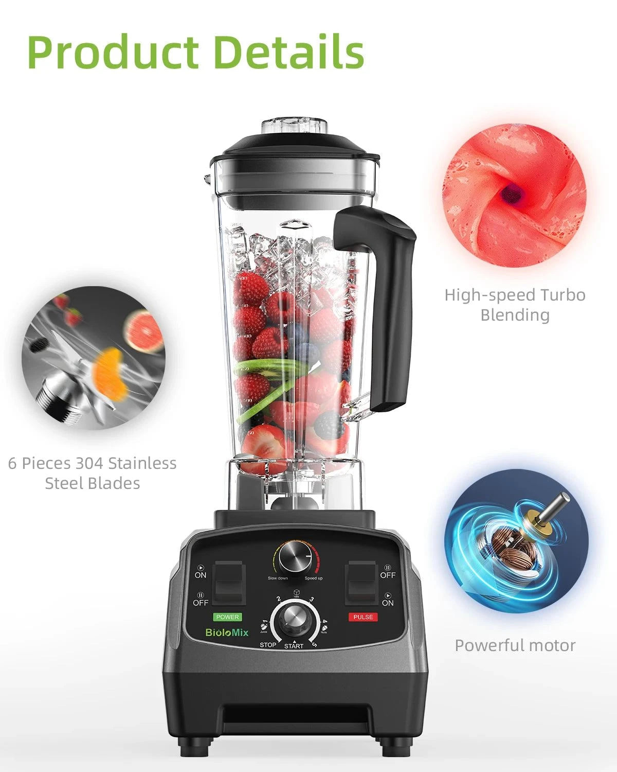 BioloMix 3HP 2200W Heavy Duty Grade, Mixer Juicer, Fruit Food Processor, Ice Smoothies BPA Free 2L Jar