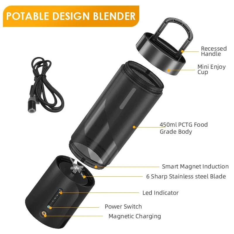 Portable Electric Juice Blender, USB Rechargeable, Fruit Juicer Mixer for Shakes Smoothies 450ML Juicing Cup