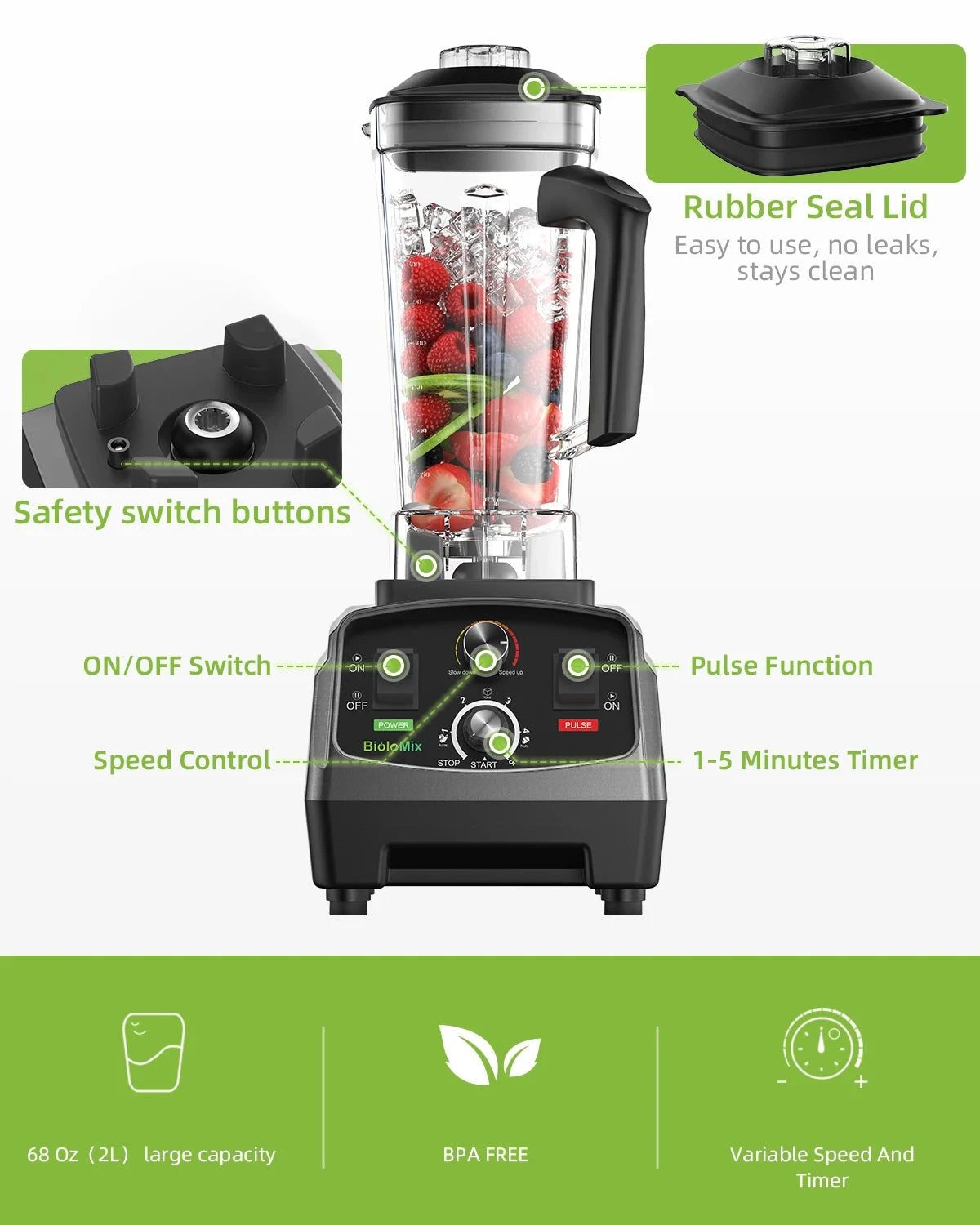 BioloMix 3HP 2200W Heavy Duty Grade, Mixer Juicer, Fruit Food Processor, Ice Smoothies BPA Free 2L Jar