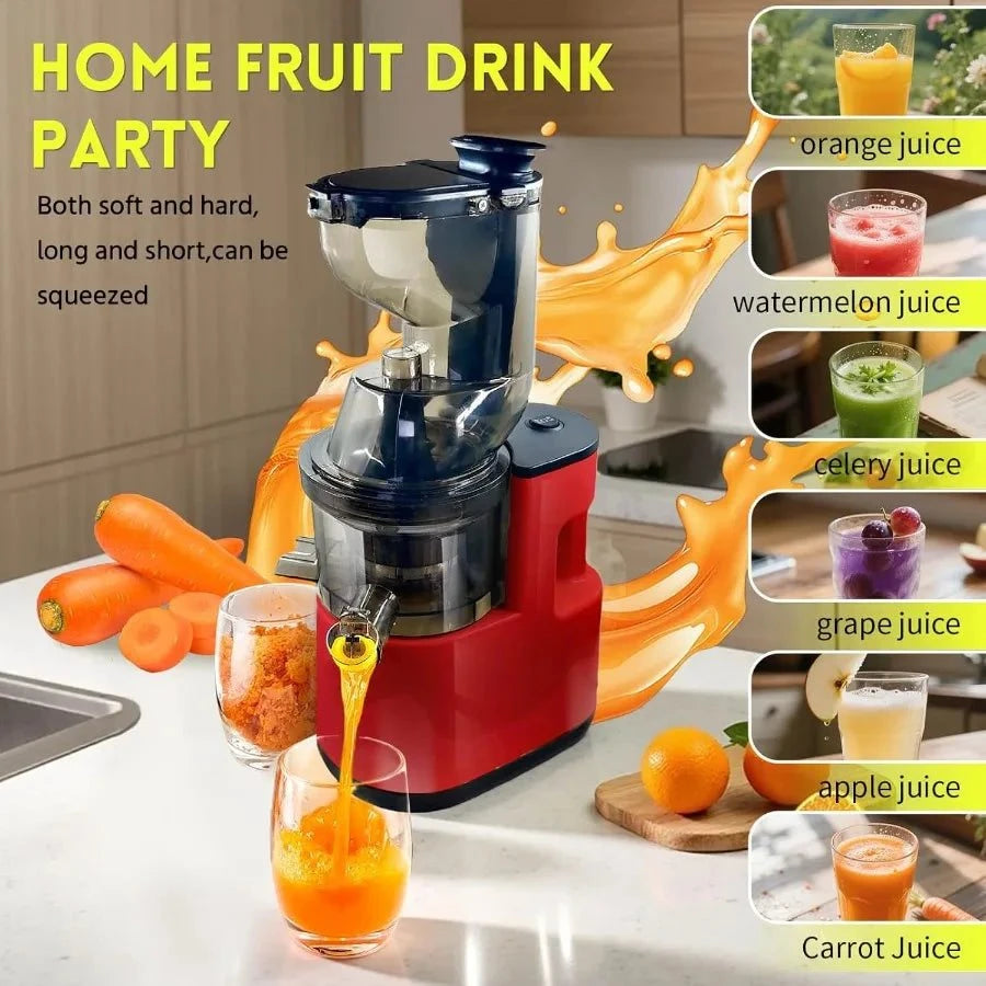Cold Press Juicer Machine Red Slow Masticating High Yield Pulp Separation Multi-Functional for Home Commercial Use Wide Feed Ch