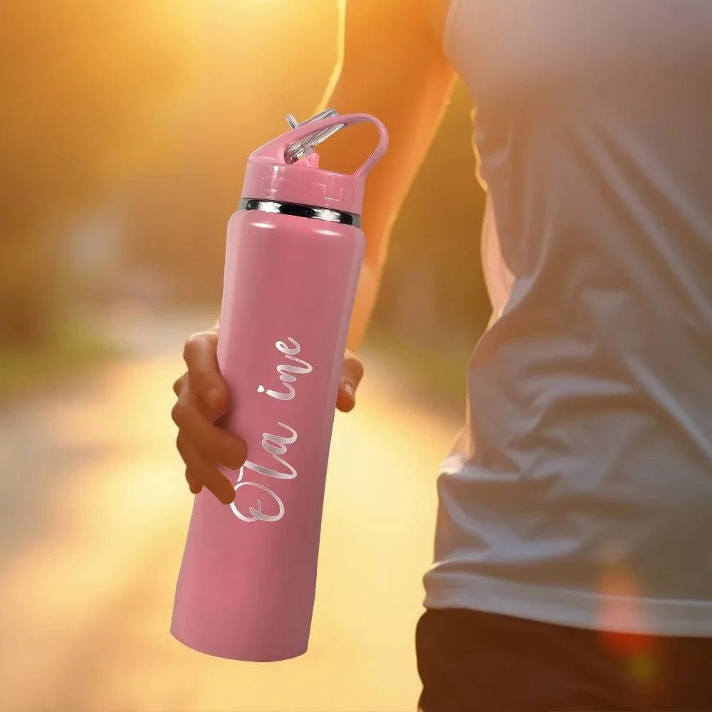 Personalised Stainless Steel Water Bottle with Straw - Engraved