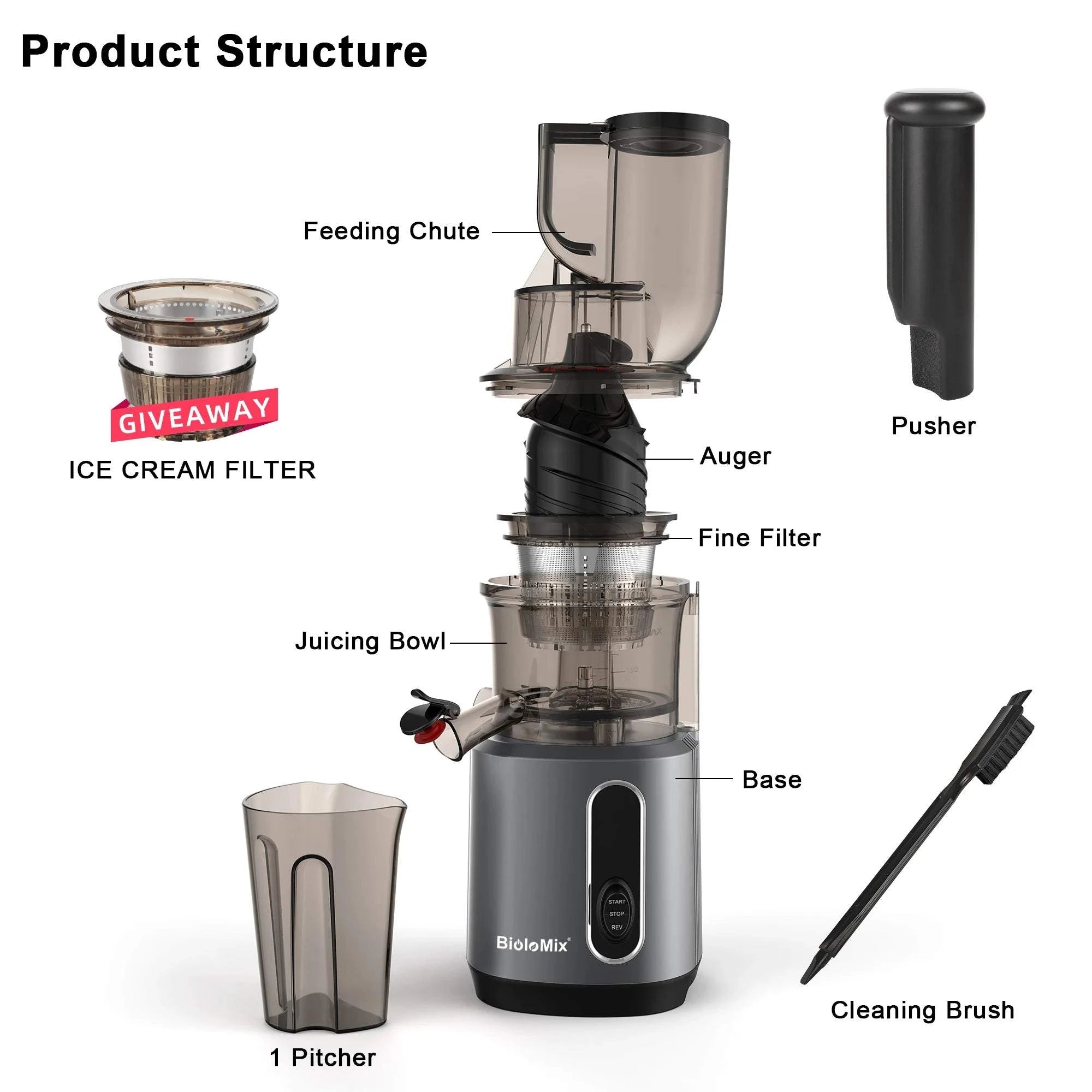 BioloMix Cold Press Juicer with 78mm Feed Chute, 200W 40-65RPM Powerful Motor Slow Masticating Juice Extractor Fits Whole Fruits