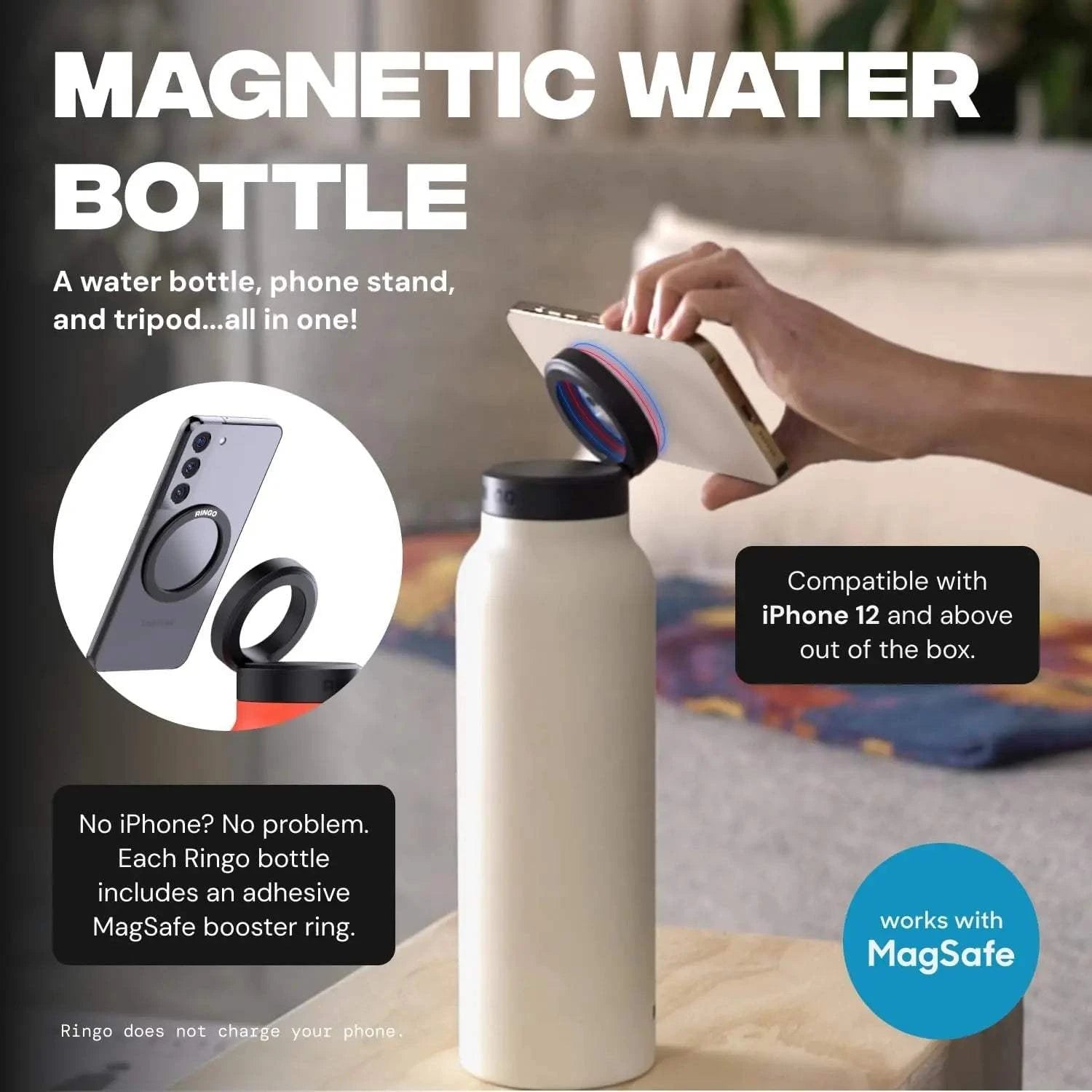 Water Bottle Compatible Phone Holder, Stainless Steel, Magnetic Phone Tripod