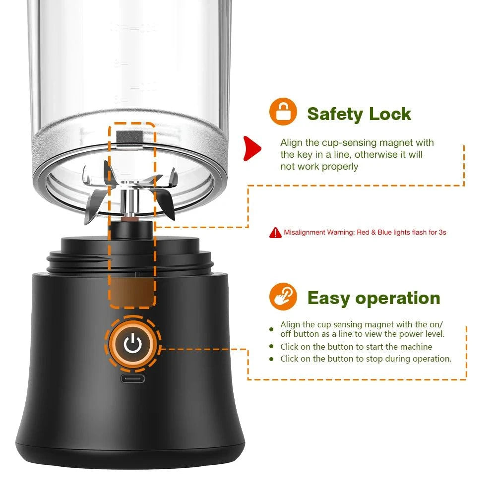 New Portable Blender Electric Juicer 500ML, Fruit Mixers, USB Rechargeable, Smoothie,  Multifunction.