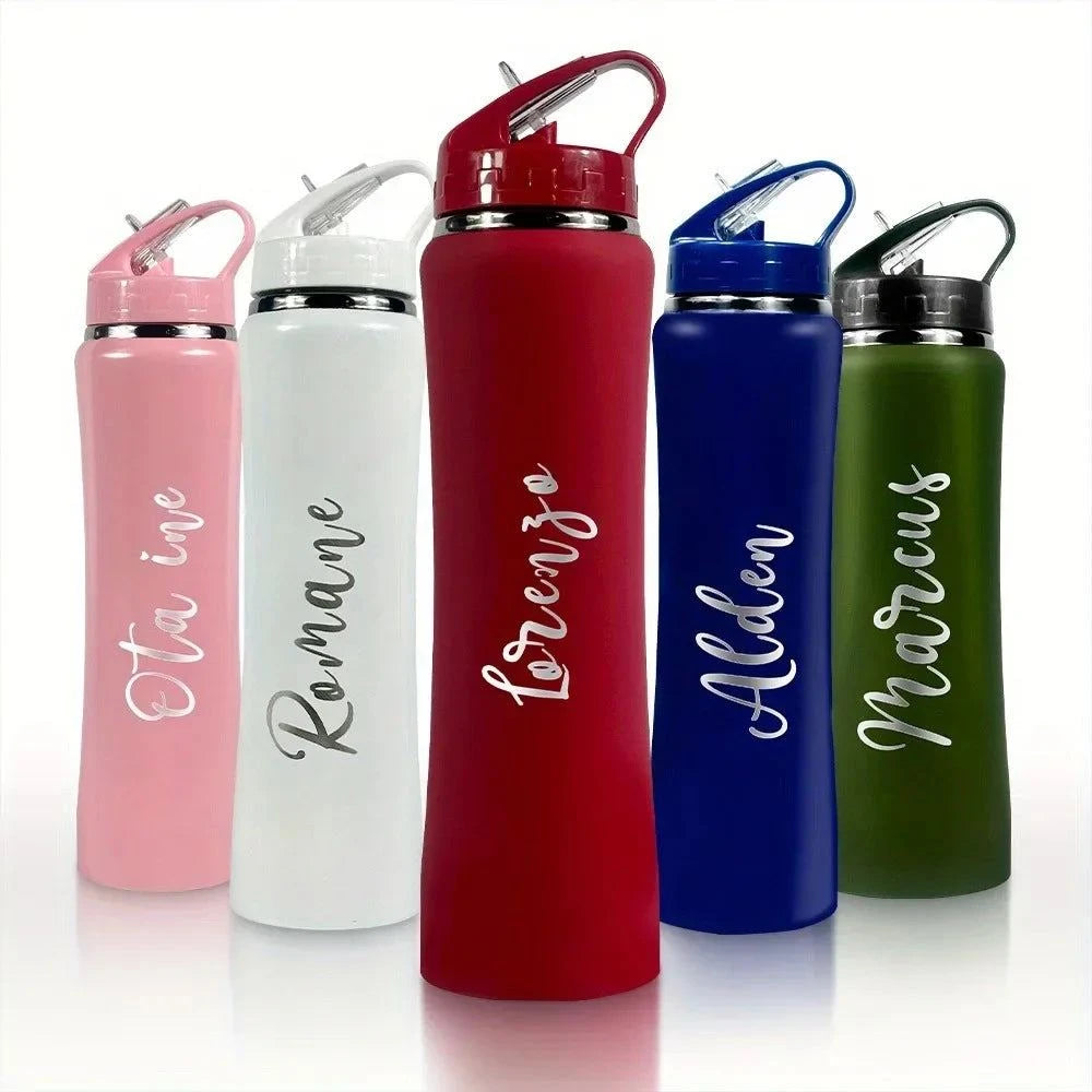 Personalised Stainless Steel Water Bottle with Straw - Engraved